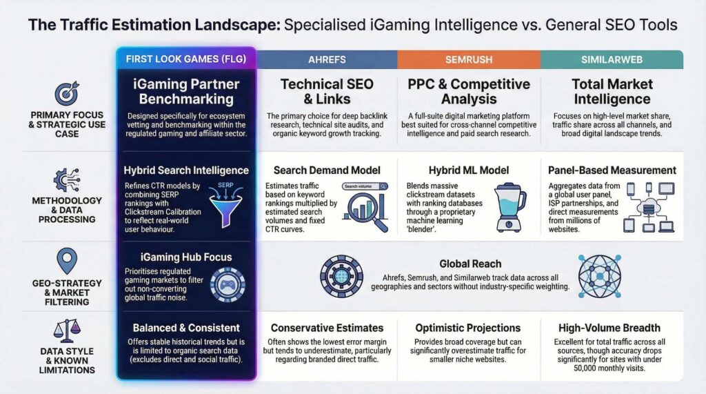 A comparison table titled "The Traffic Estimation Landscape: Specialised iGaming Intelligence vs. General SEO Tools." It compares First Look Games (FLG) against Ahrefs, Semrush, and Similarweb across four categories: